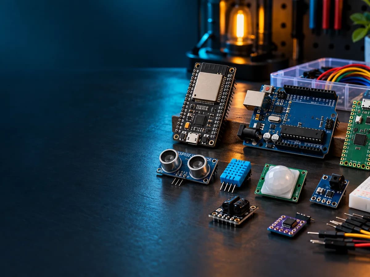 ESP32, Arduino-compatible and sensor boards on a maker workbench