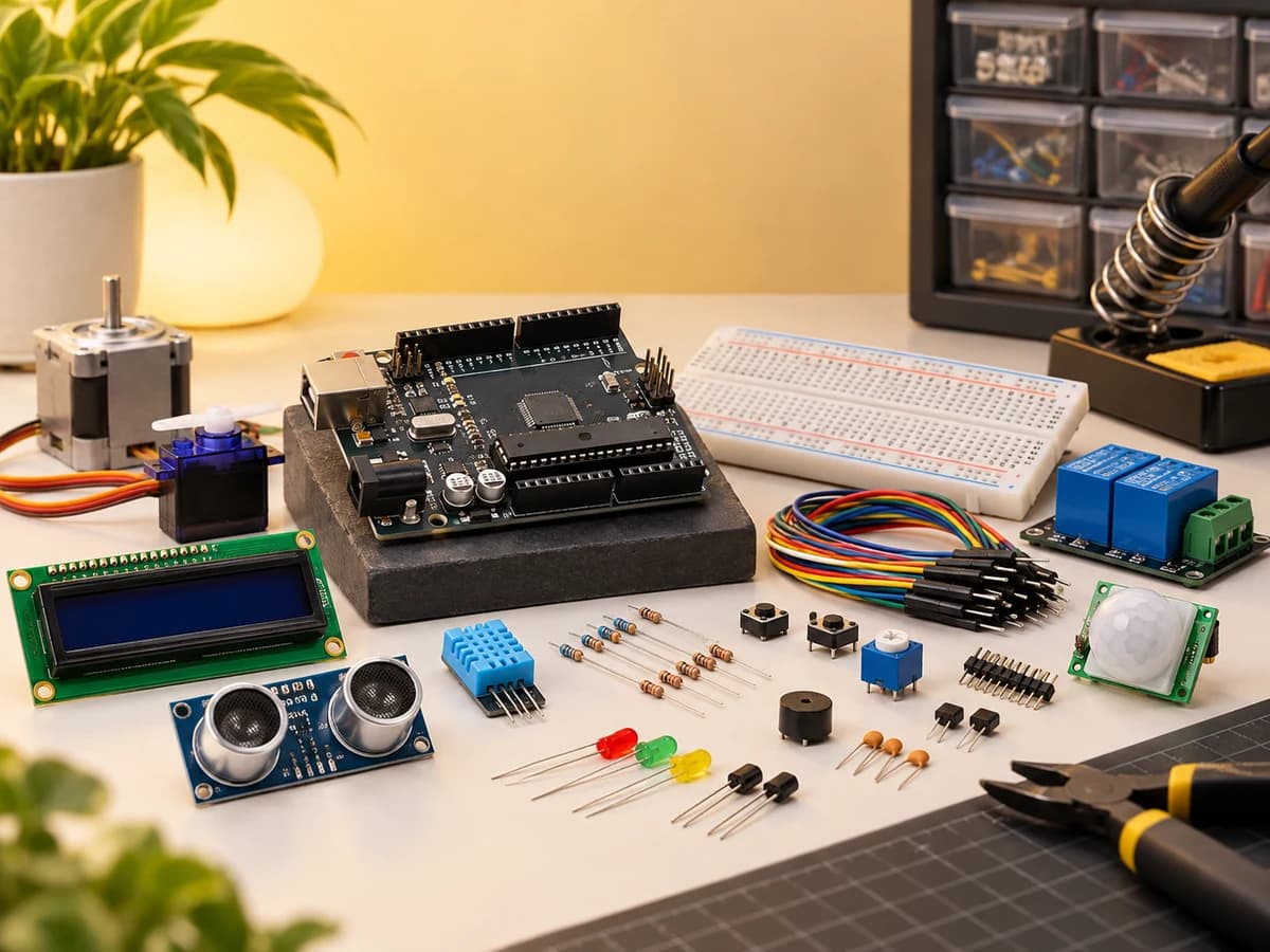 Electronic components and maker tools arranged on a workbench