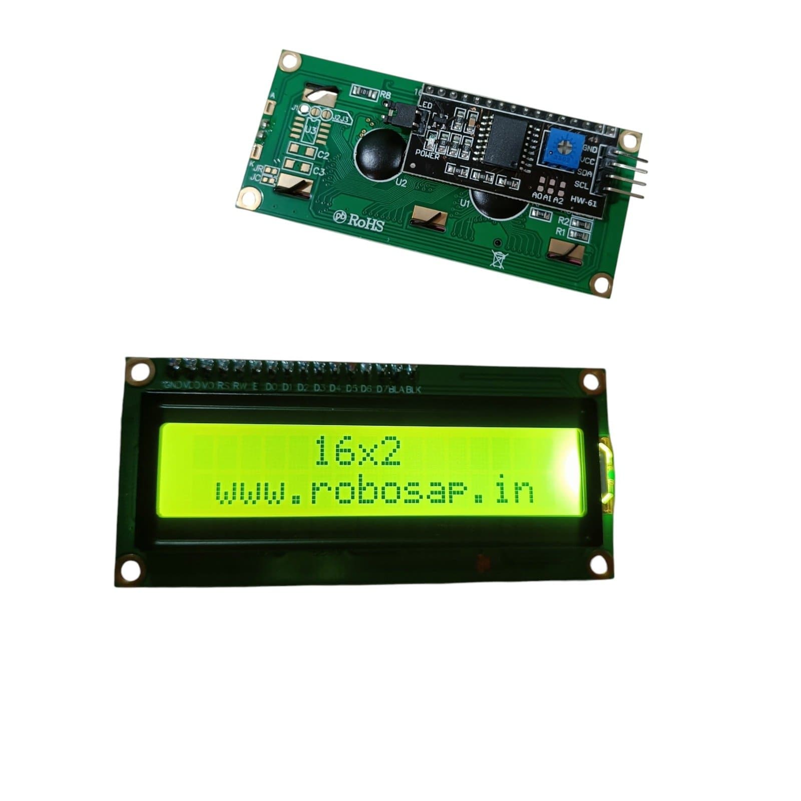 16×2 LCD Display with I2C Interface – Yellow-Green Backlight