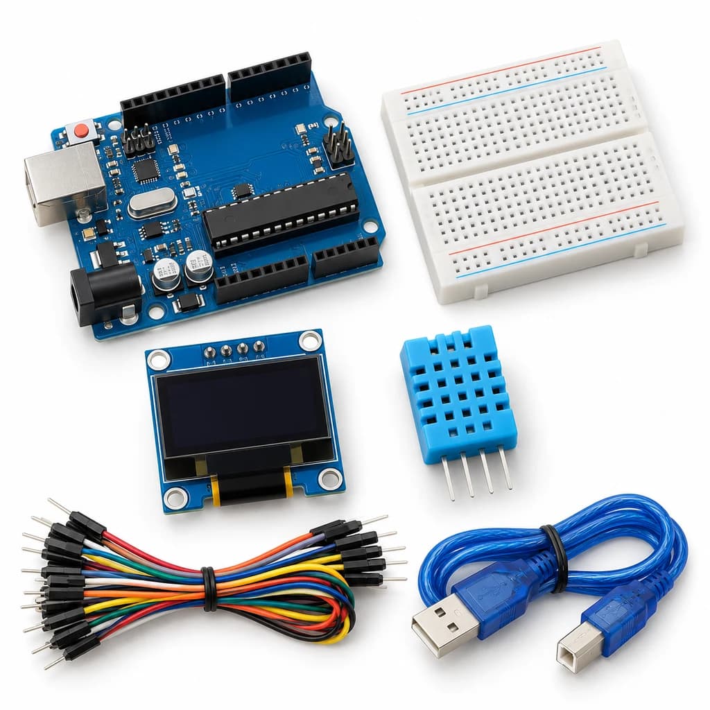 OLED Weather Dashboard Kit — illustration of included electronic components