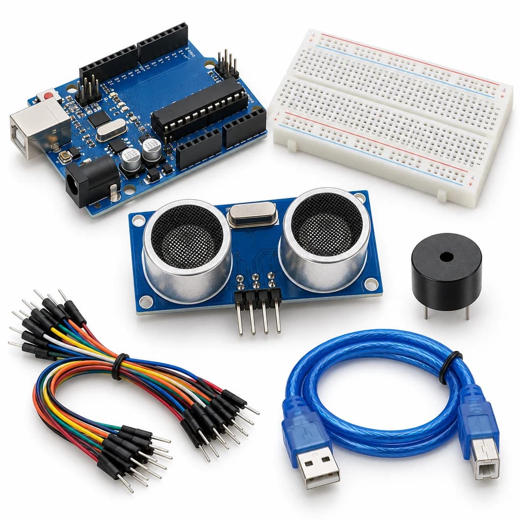Ultrasonic Parking Guide Kit — illustration of included electronic components